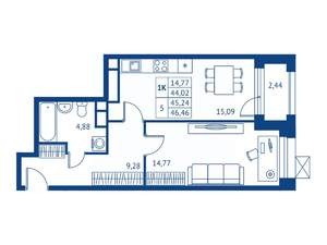 1-к квартира, строящийся дом, 44м2, 16/22 этаж