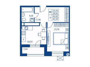 1-к квартира, строящийся дом, 40м2, 17/22 этаж