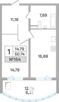 1-к квартира, строящийся дом, 50м2, 6/19 этаж