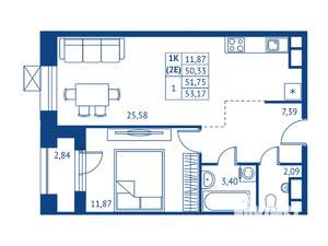 1-к квартира, строящийся дом, 50м2, 7/22 этаж