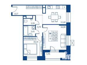2-к квартира, строящийся дом, 56м2, 14/16 этаж