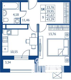 1-к квартира, строящийся дом, 40м2, 20/22 этаж