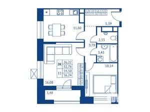 2-к квартира, строящийся дом, 53м2, 9/16 этаж