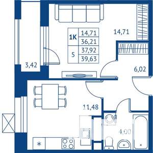 1-к квартира, строящийся дом, 36м2, 6/22 этаж