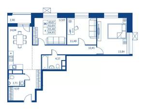3-к квартира, строящийся дом, 82м2, 6/22 этаж
