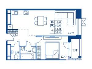 1-к квартира, строящийся дом, 51м2, 22/22 этаж