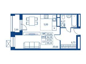 Студия квартира, строящийся дом, 37м2, 13/22 этаж