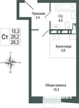 Студия квартира, строящийся дом, 28м2, 6/8 этаж