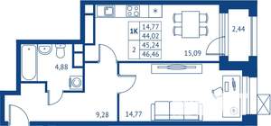 1-к квартира, строящийся дом, 44м2, 22/22 этаж