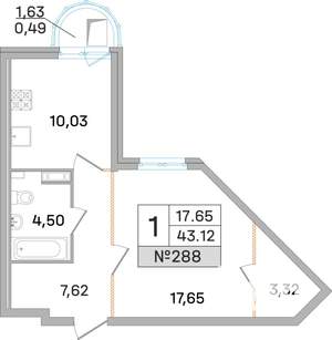 1-к квартира, строящийся дом, 43м2, 17/19 этаж