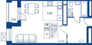 Студия квартира, строящийся дом, 37м2, 22/22 этаж