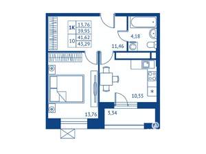 1-к квартира, строящийся дом, 40м2, 18/22 этаж