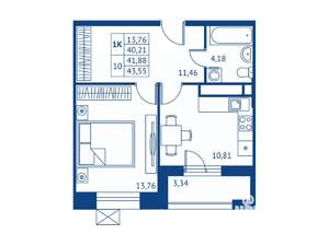 1-к квартира, строящийся дом, 40м2, 11/16 этаж