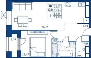 1-к квартира, строящийся дом, 51м2, 13/22 этаж