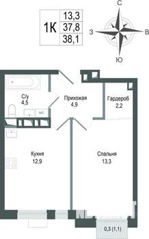 1-к квартира, строящийся дом, 38м2, 4/8 этаж