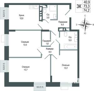 3-к квартира, строящийся дом, 73м2, 3/8 этаж
