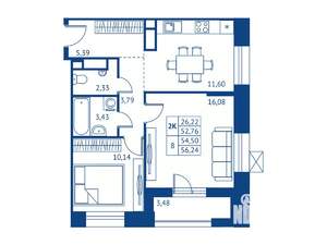 2-к квартира, строящийся дом, 53м2, 3/16 этаж